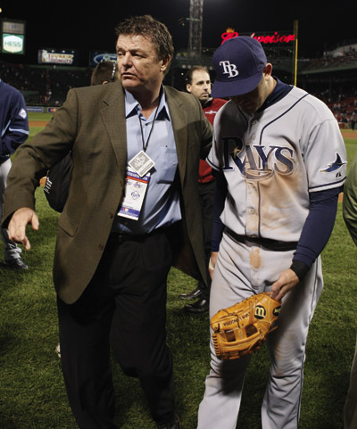 Rick Vaughn at the American League Championship Series  at Fenway Park with 2008 American League Rookie of the Year  Evan Longoria. 